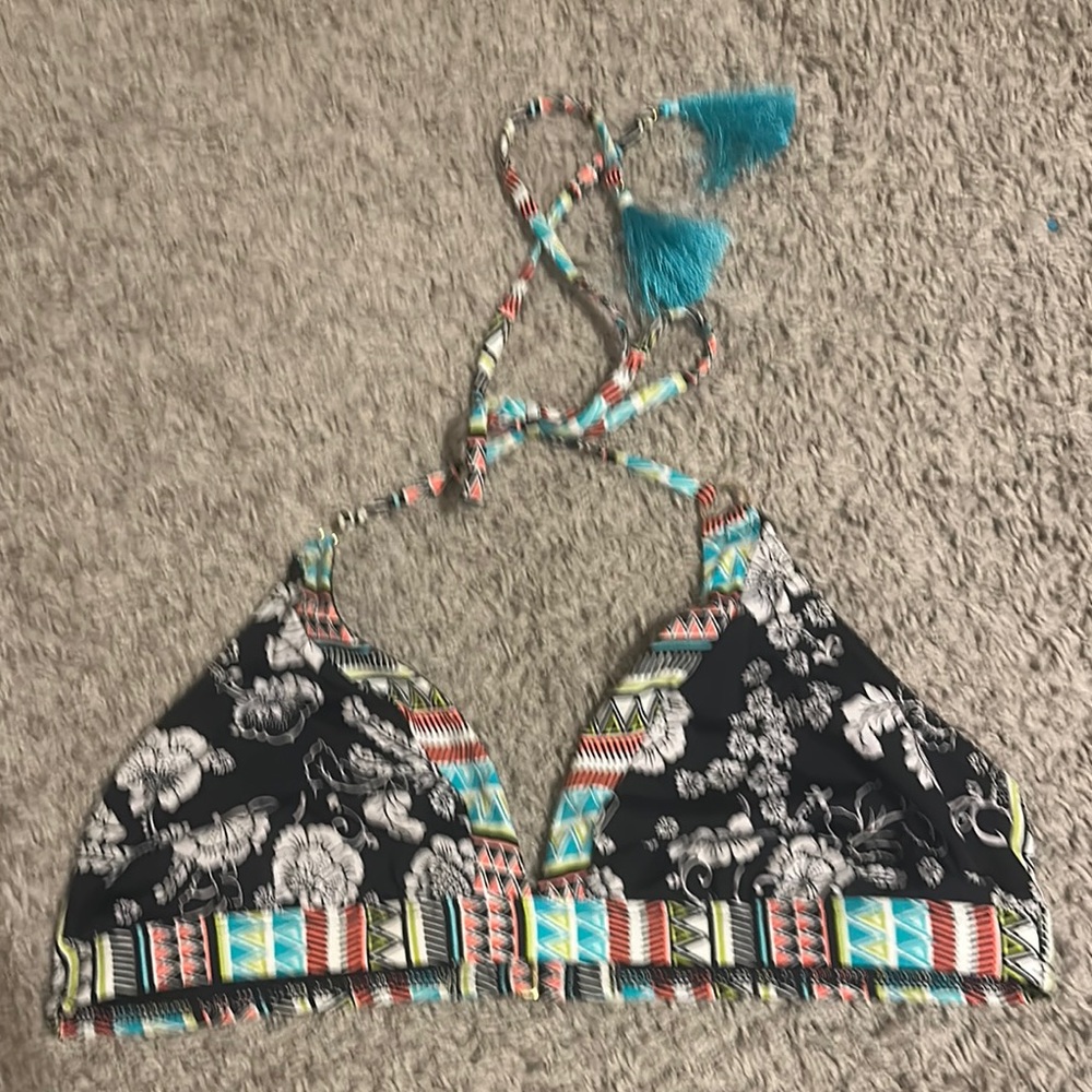 Gibson Latimer Black and Blue Patterned Bikini Top